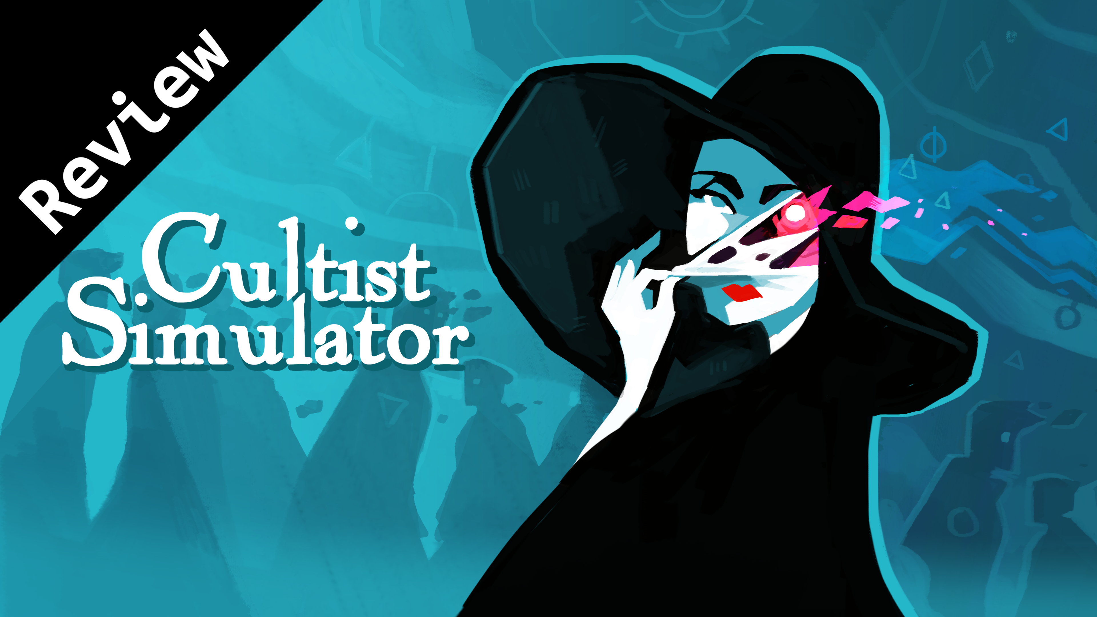 The promo art of the game "Cultist Simulator". A drawing of a woman in 1930s-style clothes, peeling part of her face away to reveal a glowing eye beneath. Next to her is the title of the game.