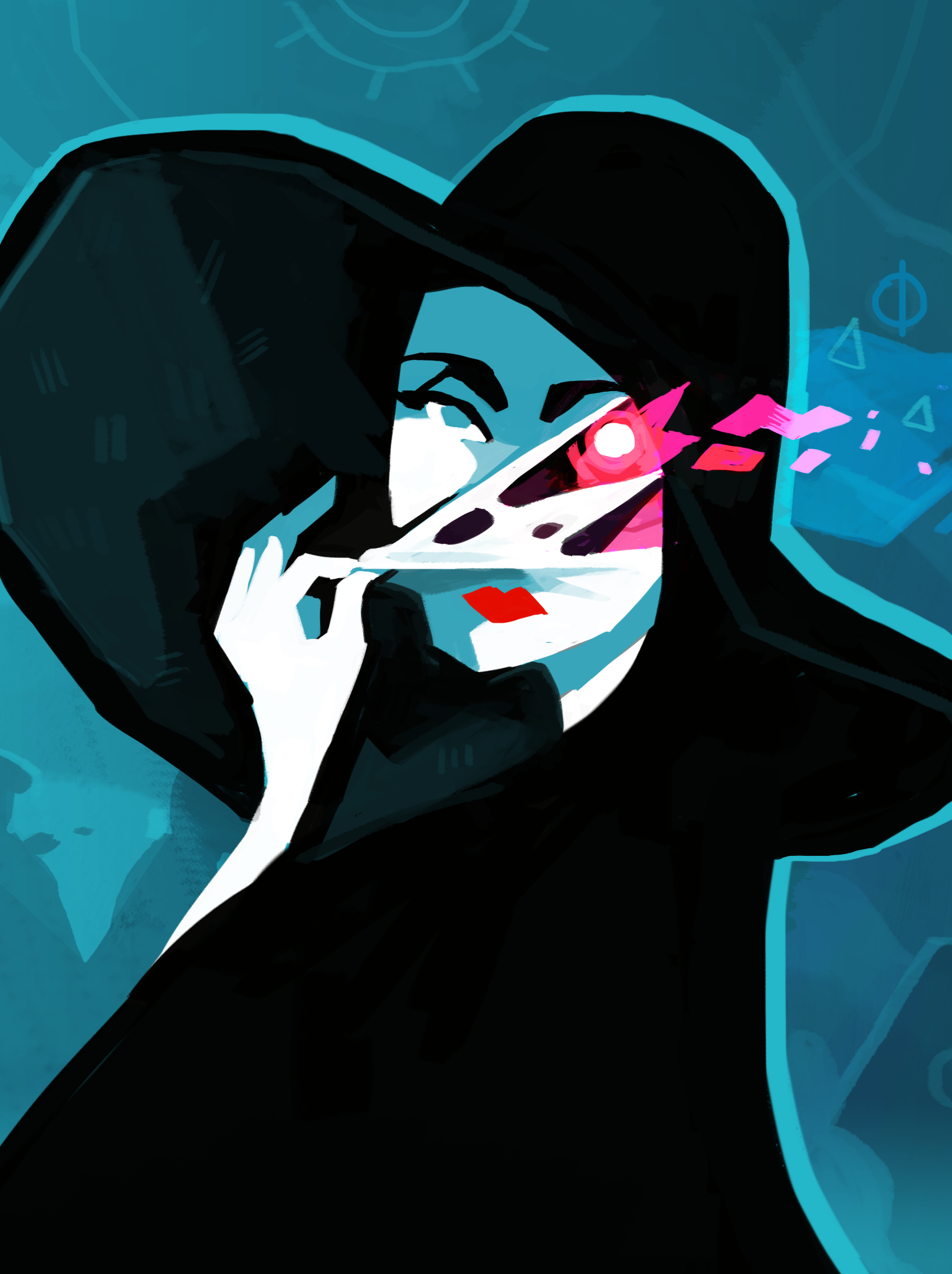 The logo from the game 'Cultist Simulator': a well-dressed woman peeling away part of her face revealing a glowing eye in the shadows underneath.