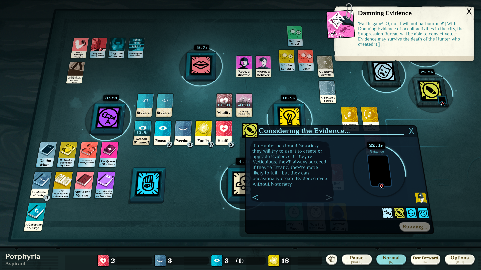 Another screenshot from the game. Many more verbs and cards are acattered across the screen. A window is open titled "Considering the Evidence...", and we see a detective considering a piece of Damning Evidence to convict the player.